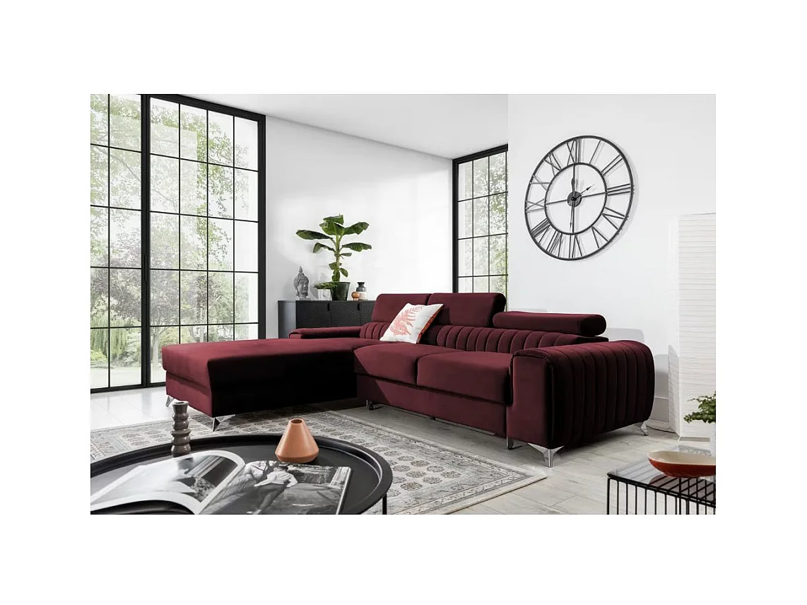 Canapé d'angle convertible velours têtière réglables GRENKY - Coffre, pieds acier chromé-Bordeaux-angle gauche