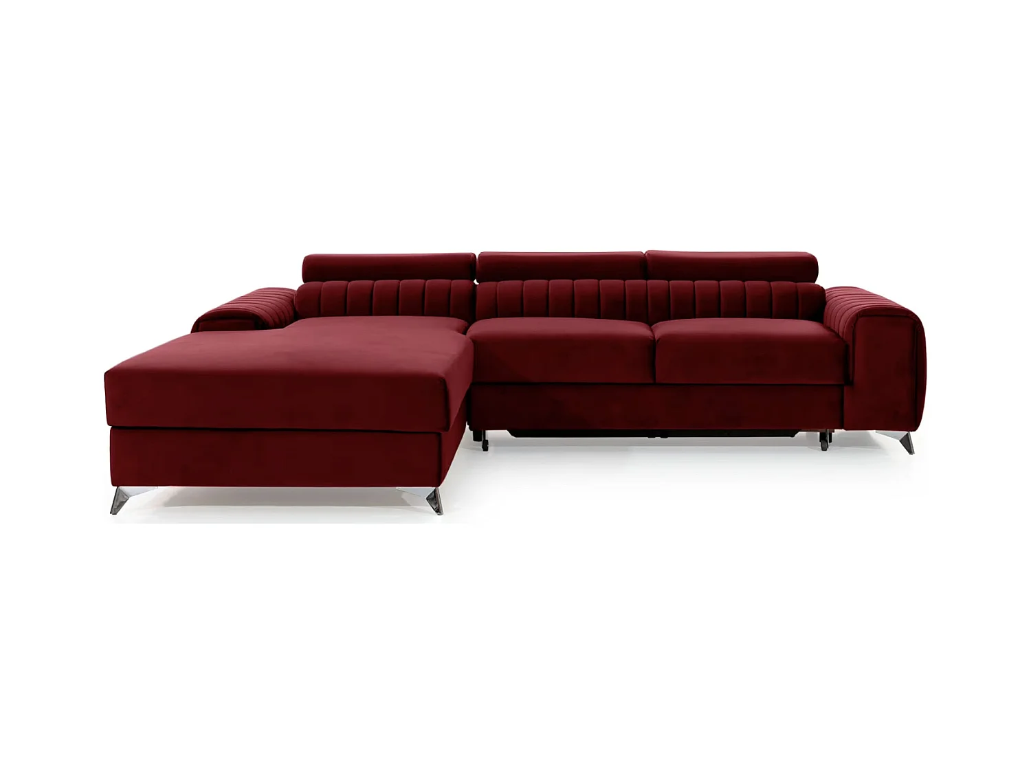 Canapé d'angle convertible velours têtière réglables GRENKY - Coffre, pieds acier chromé-Bordeaux-angle gauche