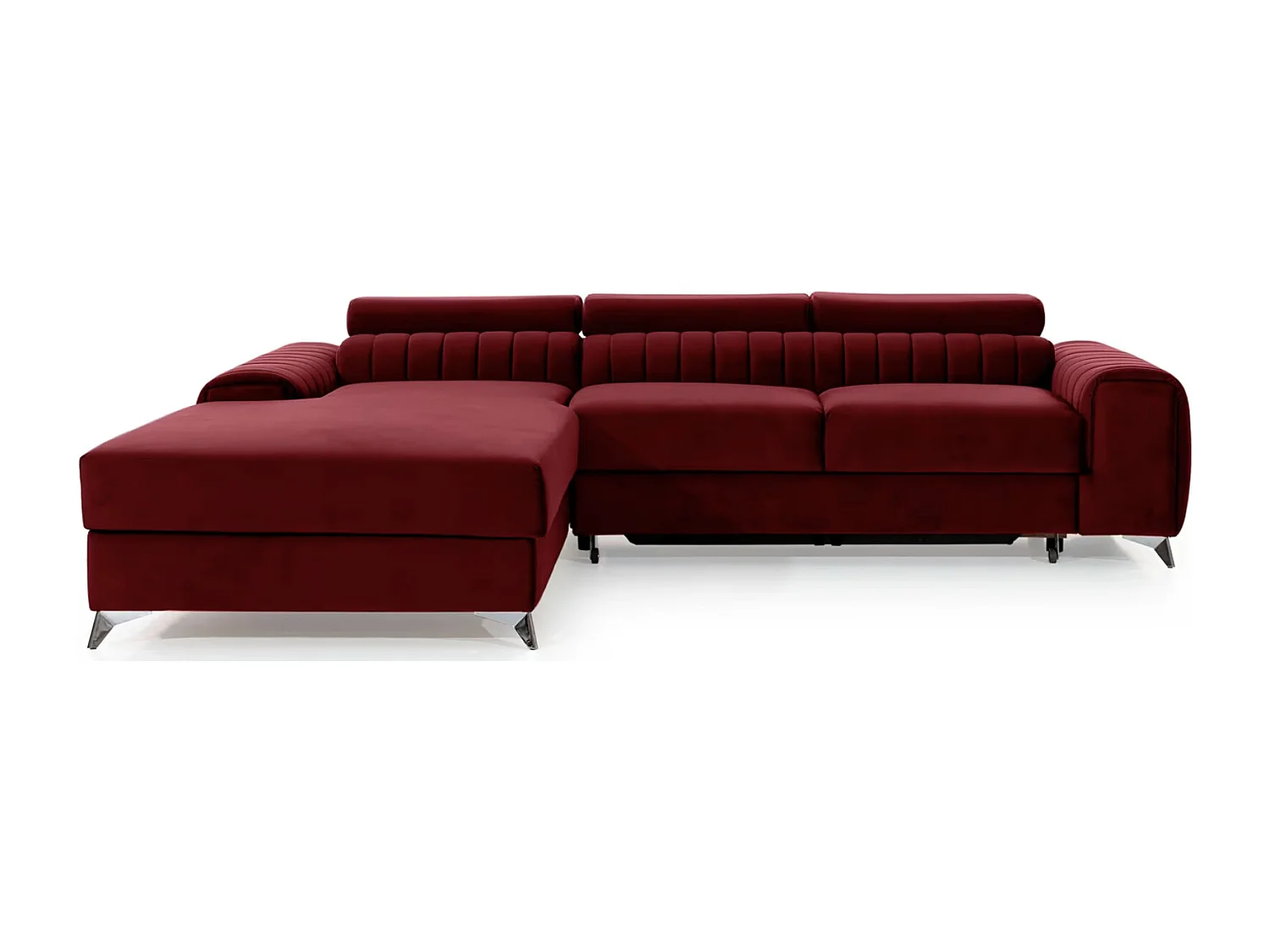 Canapé d'angle convertible velours têtière réglables GRENKY - Coffre, pieds acier chromé-Bordeaux-angle gauche