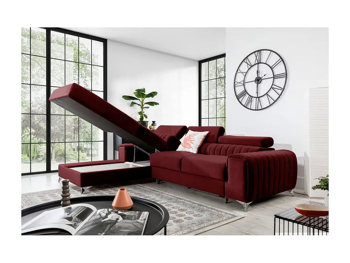 Canapé d'angle convertible velours têtière réglables GRENKY - Coffre, pieds acier chromé-Bordeaux-angle gauche