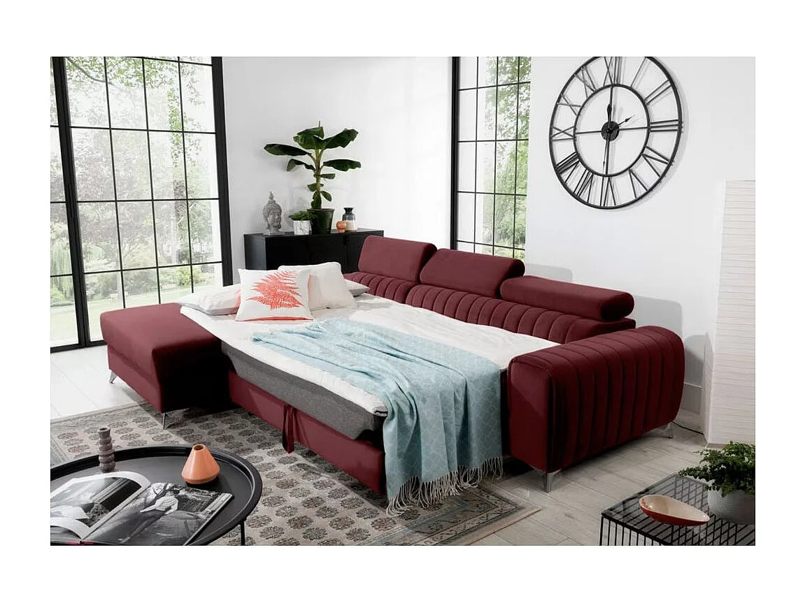 Canapé d'angle convertible velours têtière réglables GRENKY - Coffre, pieds acier chromé-Bordeaux-angle gauche