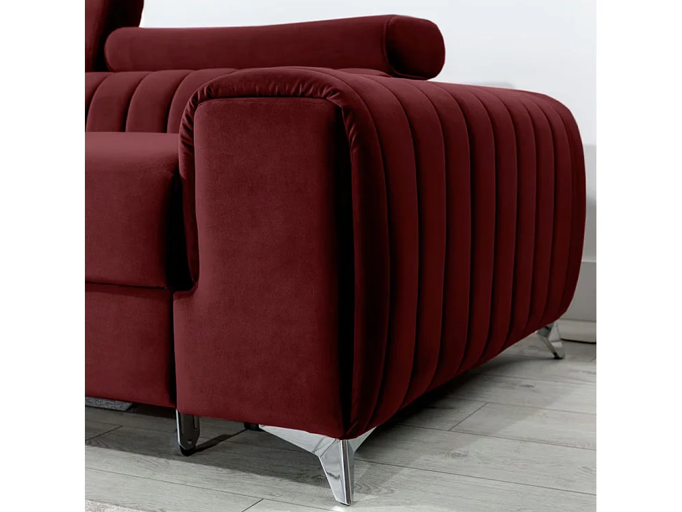 Canapé d'angle convertible velours têtière réglables GRENKY - Coffre, pieds acier chromé-Bordeaux-angle gauche
