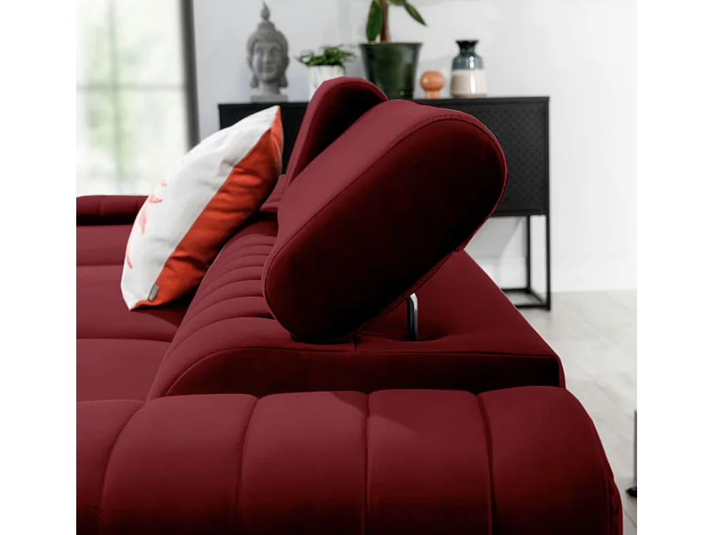 Canapé d'angle convertible velours têtière réglables GRENKY - Coffre, pieds acier chromé-Bordeaux-angle gauche