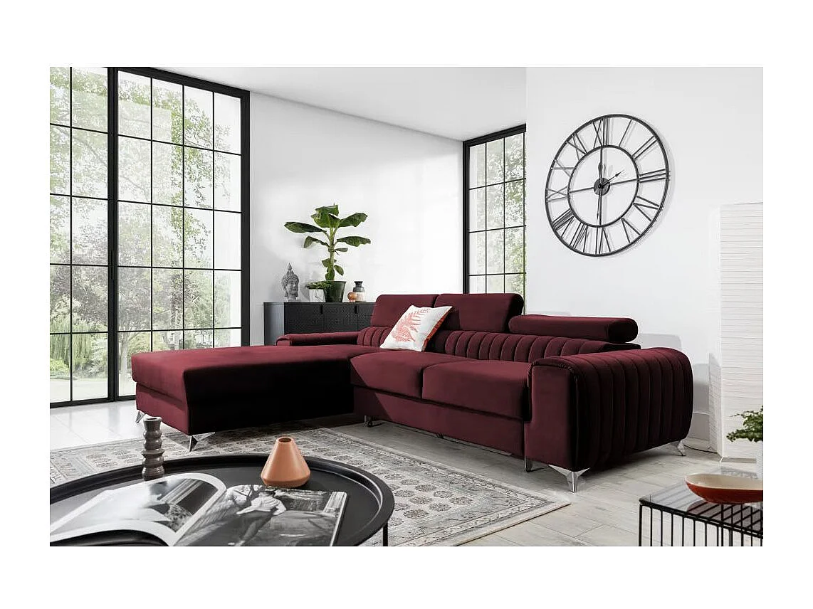 Canapé d'angle convertible velours têtière réglables GRENKY - Coffre, pieds acier chromé-Bordeaux-angle gauche