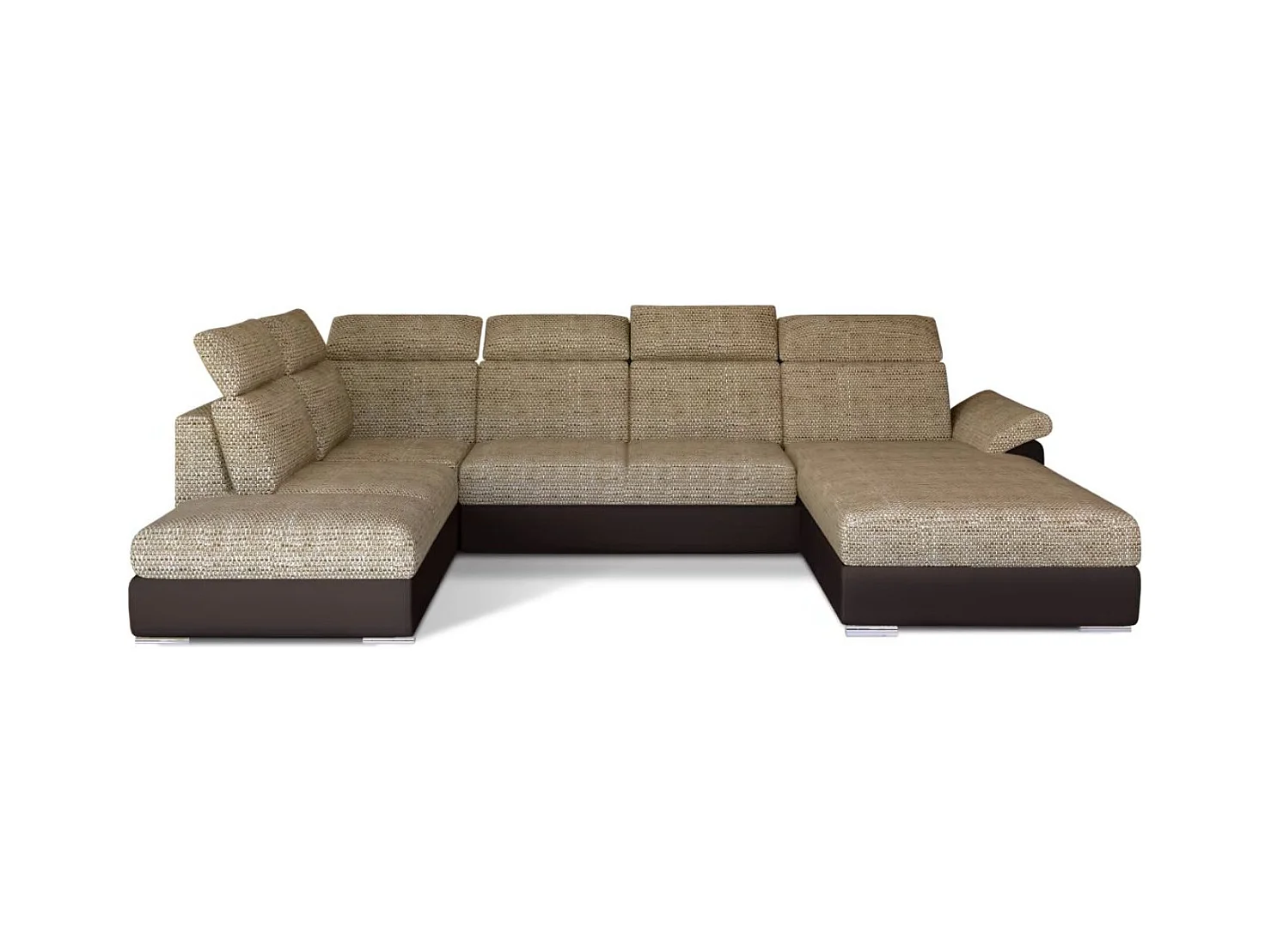 Canapé Convertible Panoramique LEVANO Tissu et Simili Cuir, Têtières-Marron/Beige clair chiné-Coffre à droite