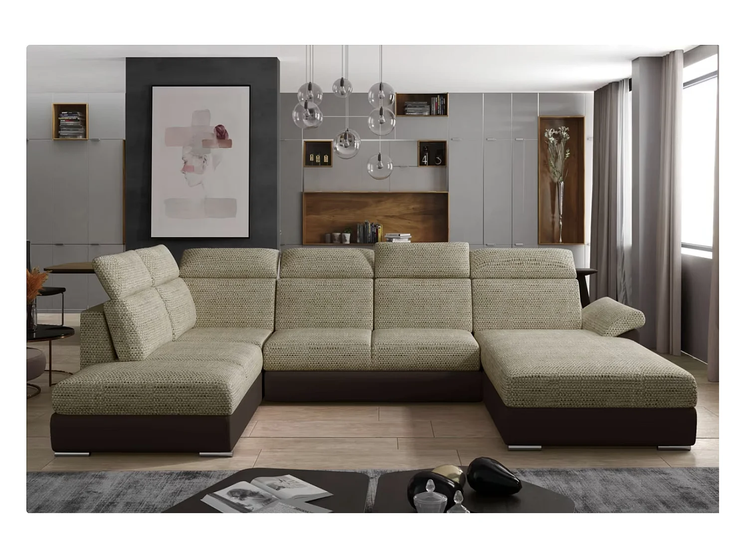 Canapé Convertible Panoramique LEVANO Tissu et Simili Cuir, Têtières-Marron/Beige clair chiné-Coffre à droite