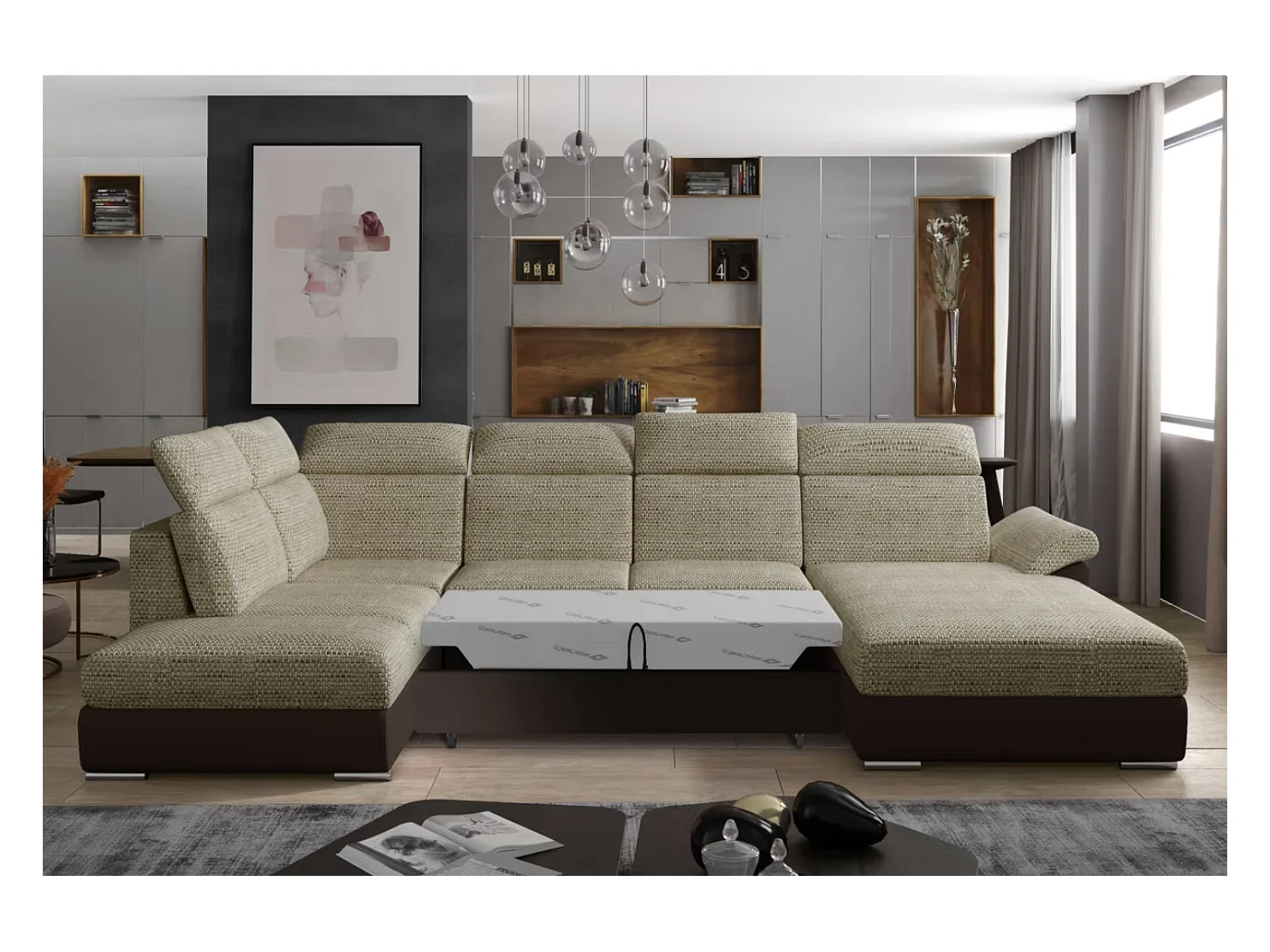 Canapé Convertible Panoramique LEVANO Tissu et Simili Cuir, Têtières-Marron/Beige clair chiné-Coffre à droite