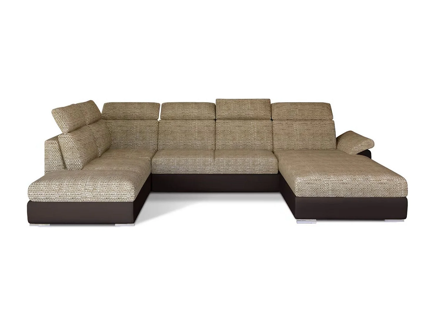Canapé Convertible Panoramique LEVANO Tissu et Simili Cuir, Têtières-Marron/Beige clair chiné-Coffre à droite
