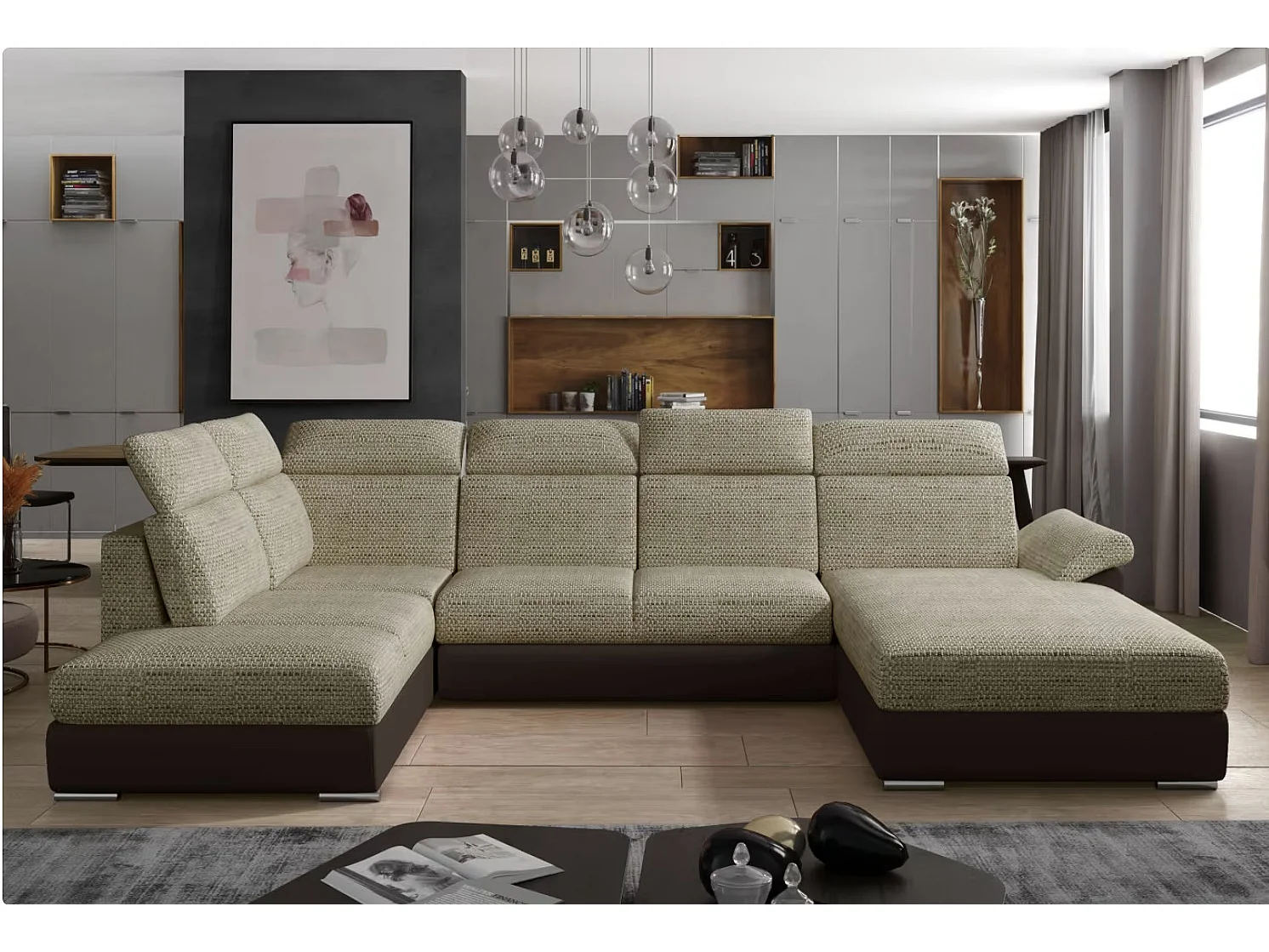 Canapé Convertible Panoramique LEVANO Tissu et Simili Cuir, Têtières-Marron/Beige clair chiné-Coffre à droite