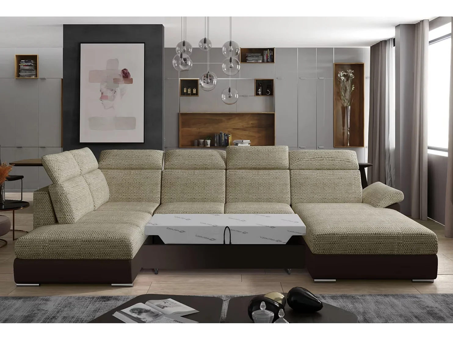 Canapé Convertible Panoramique LEVANO Tissu et Simili Cuir, Têtières-Marron/Beige clair chiné-Coffre à droite