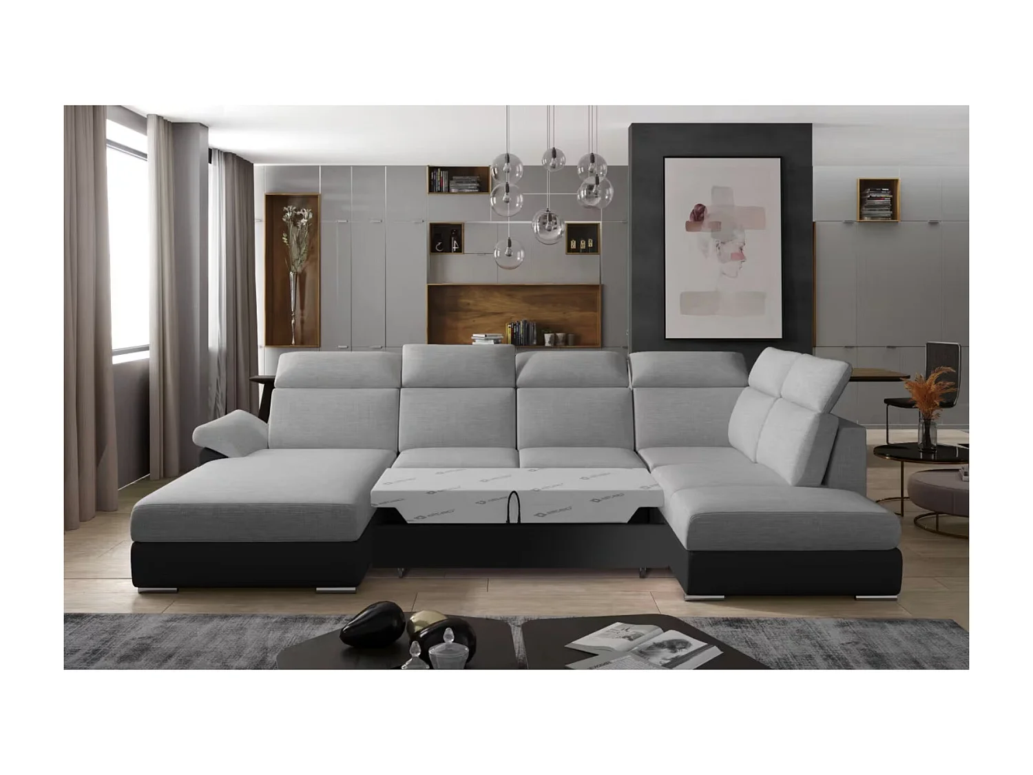 Canapé Convertible Panoramique LEVANO Tissu et Simili Cuir, Têtières-Marron/Beige clair chiné-Coffre à droite