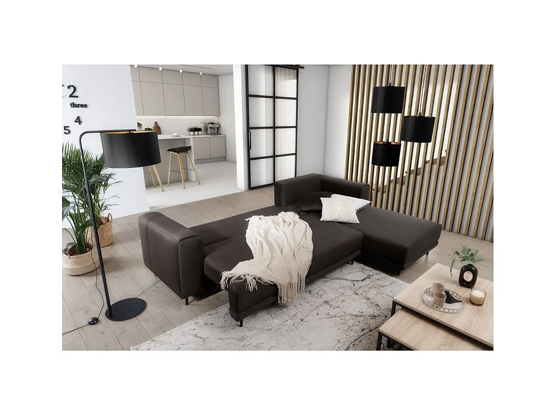 Canapé d'angle convertible velours DAVINA - Coffre et pieds métal noir-Marron-angle droit