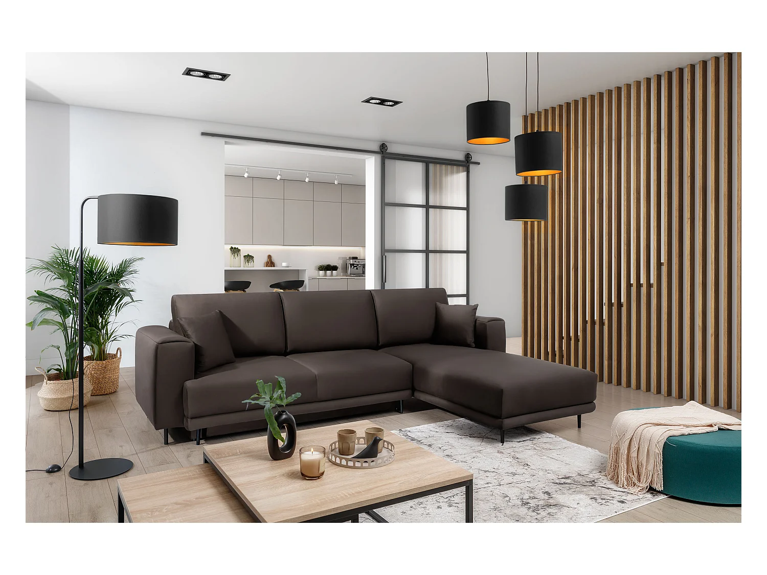 Canapé d'angle convertible velours DAVINA - Coffre et pieds métal noir-Marron-angle droit