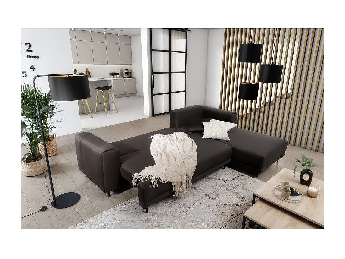 Canapé d'angle convertible velours DAVINA - Coffre et pieds métal noir-Marron-angle droit