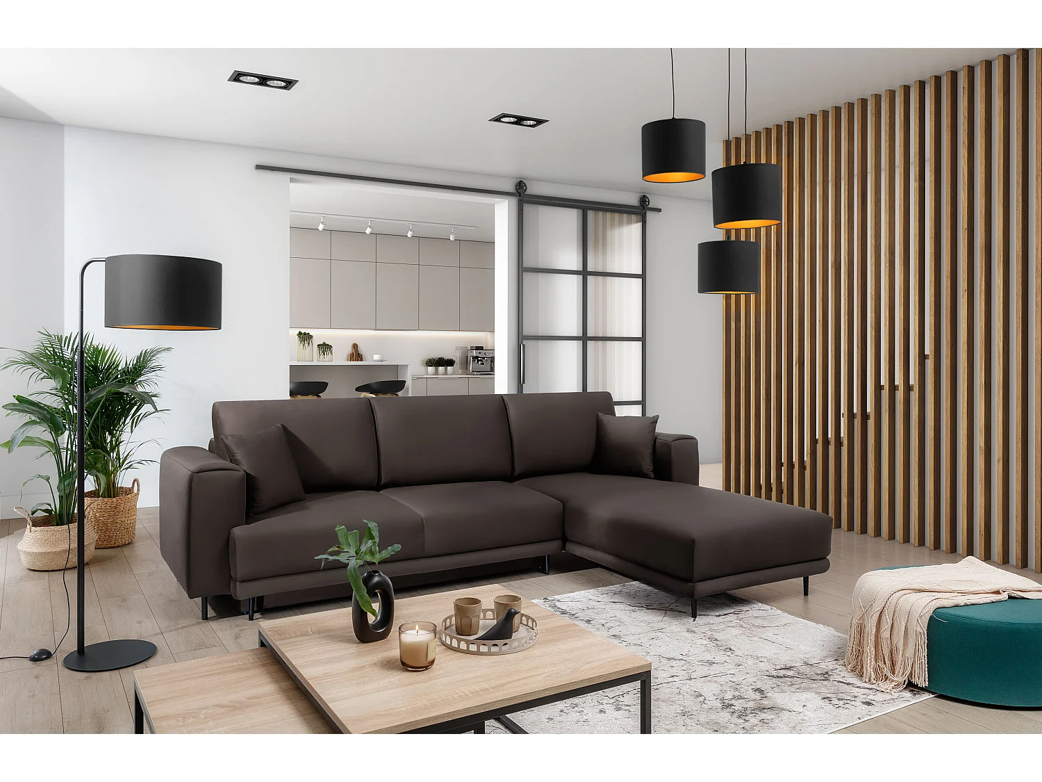 Canapé d'angle convertible velours DAVINA - Coffre et pieds métal noir-Marron-angle droit