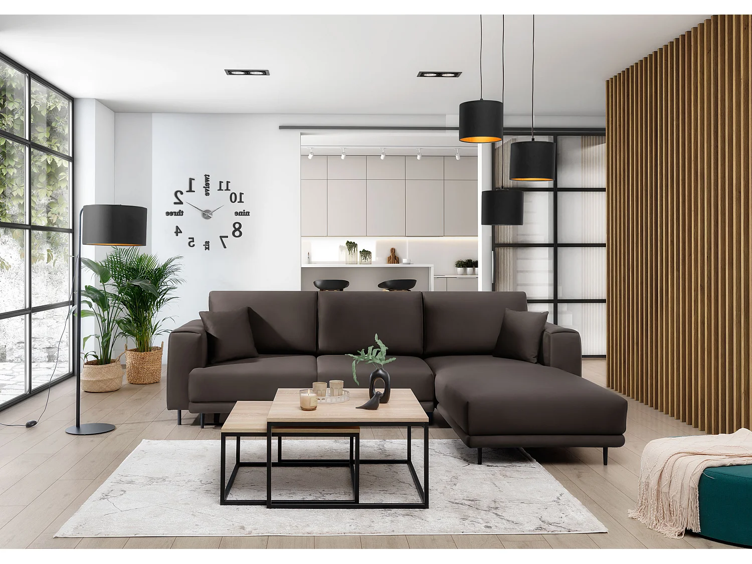 Canapé d'angle convertible velours DAVINA - Coffre et pieds métal noir-Marron-angle droit