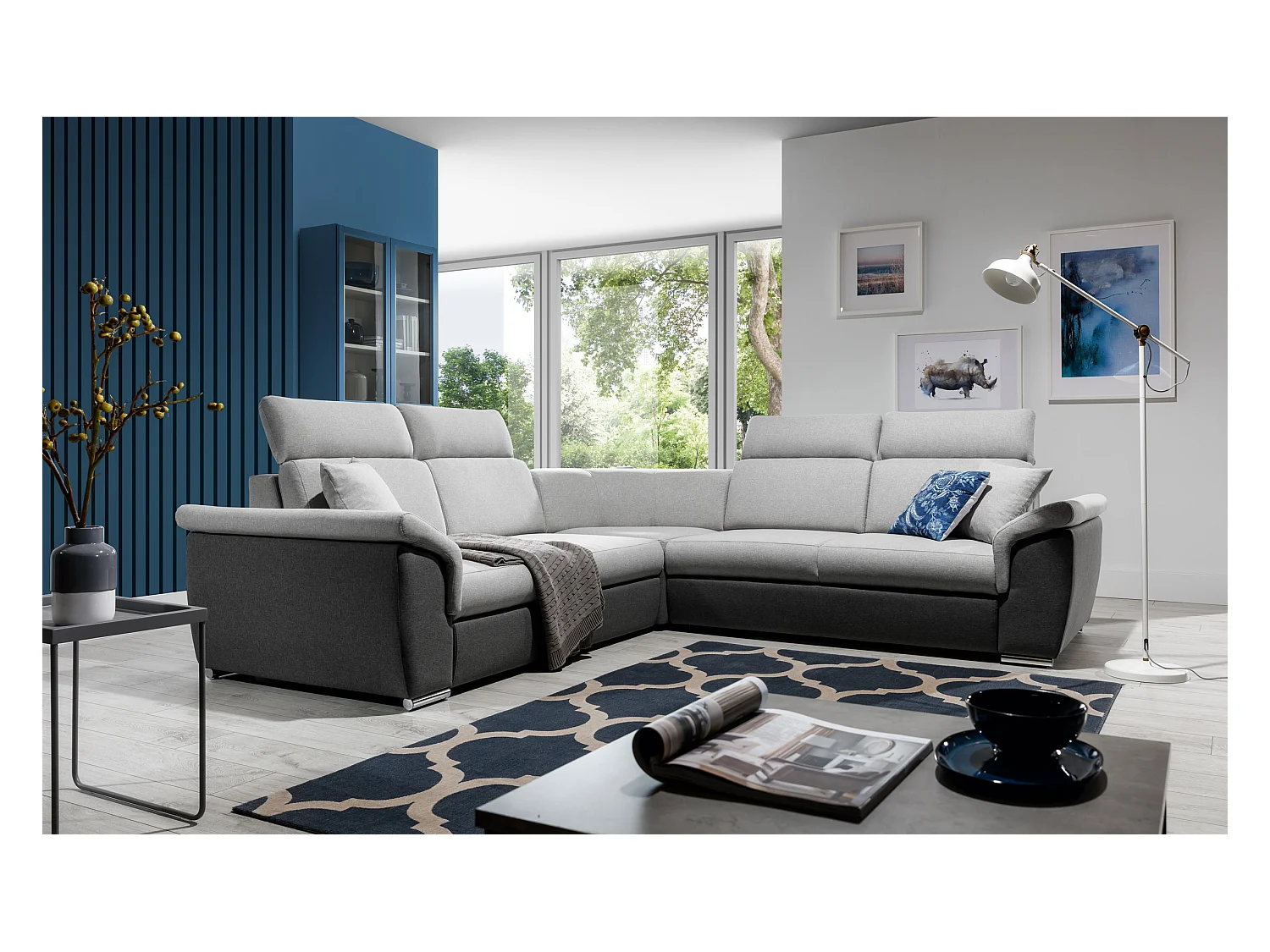 Canapé d'angle réversible et convertible tissu Neo - Pieds acier chromé-Gris foncé/Gris