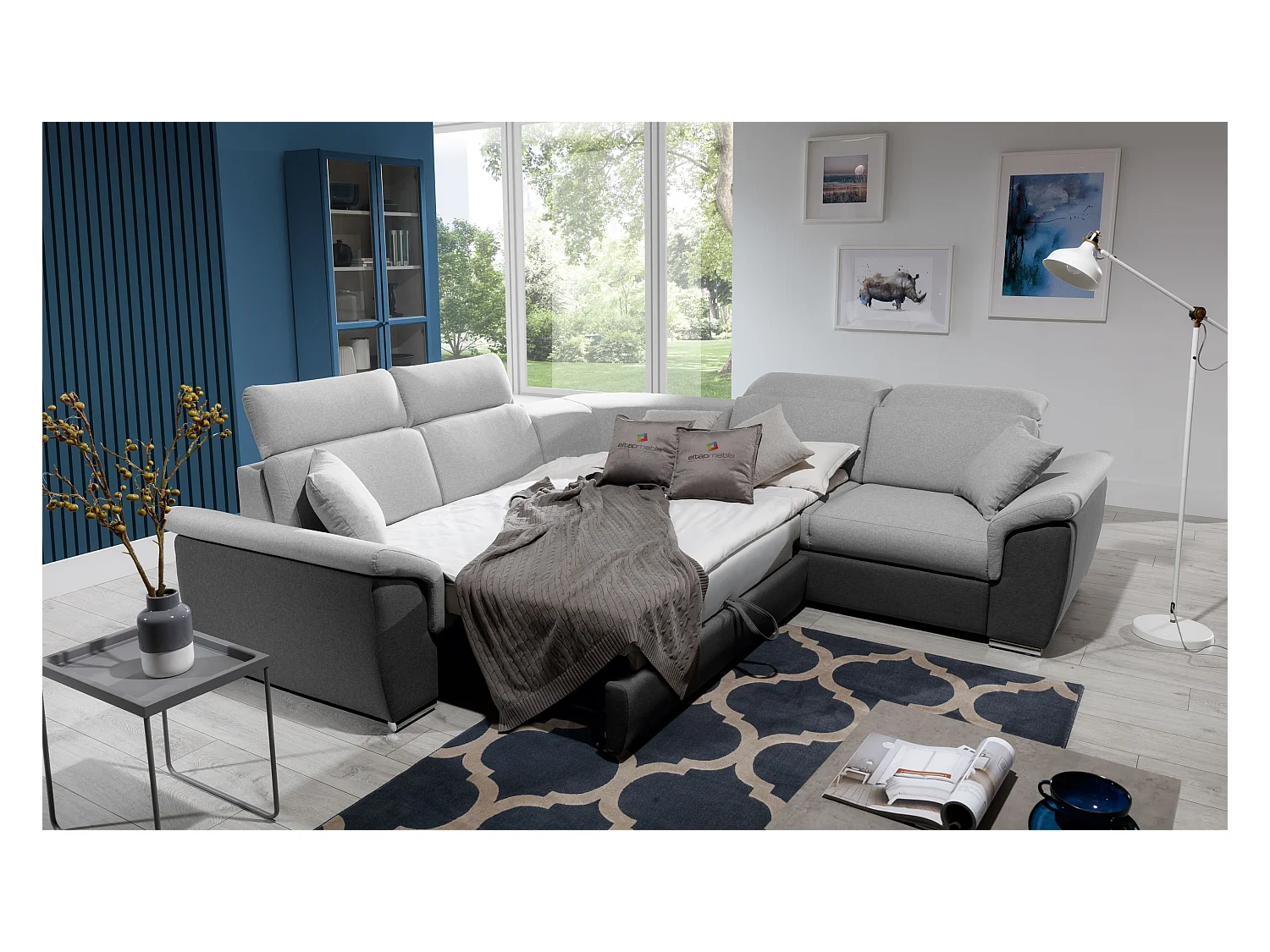 Canapé d'angle réversible et convertible tissu Neo - Pieds acier chromé-Gris foncé/Gris