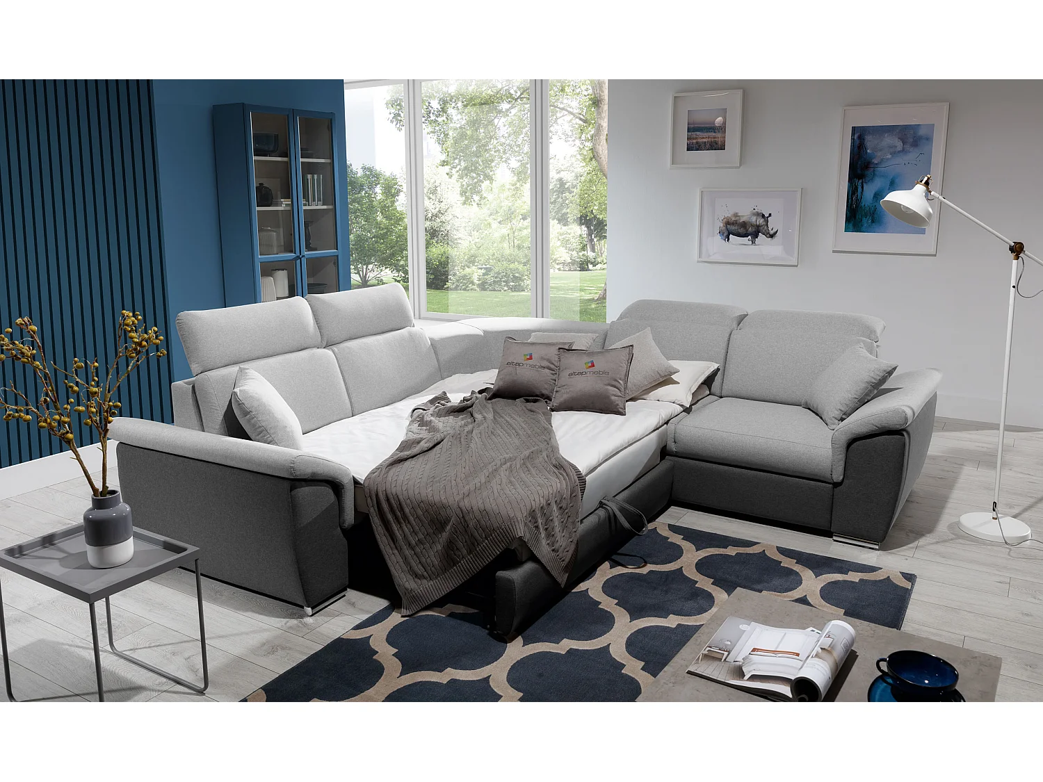 Canapé d'angle réversible et convertible tissu Neo - Pieds acier chromé-Gris foncé/Gris