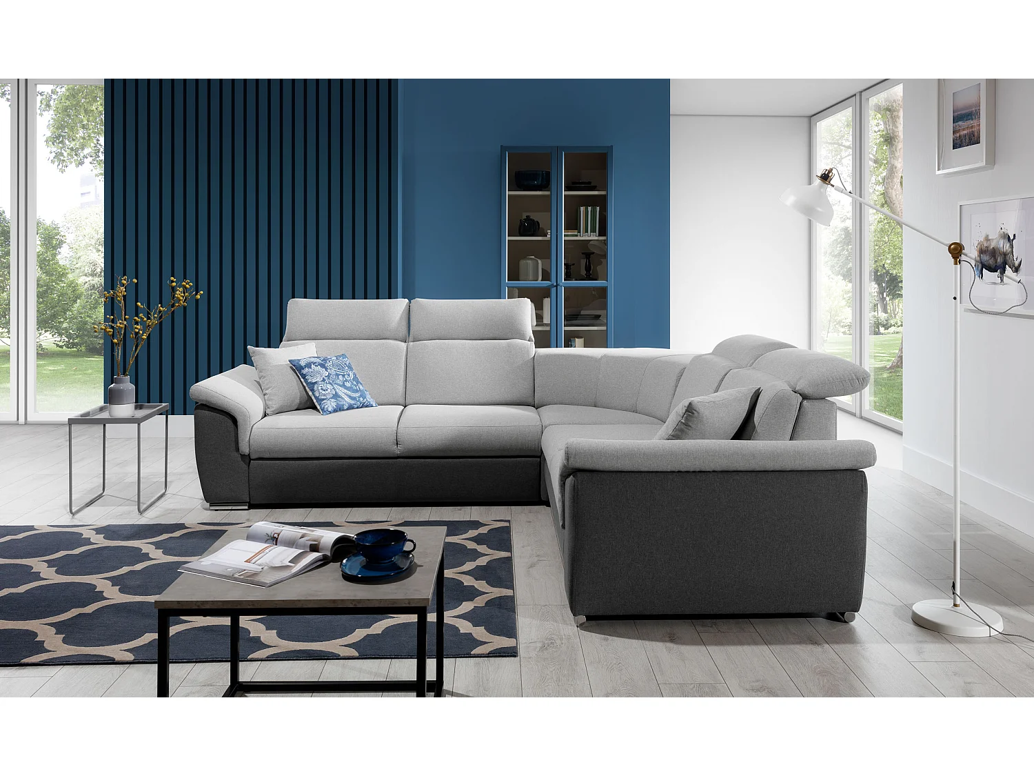 Canapé d'angle réversible et convertible tissu Neo - Pieds acier chromé-Gris foncé/Gris