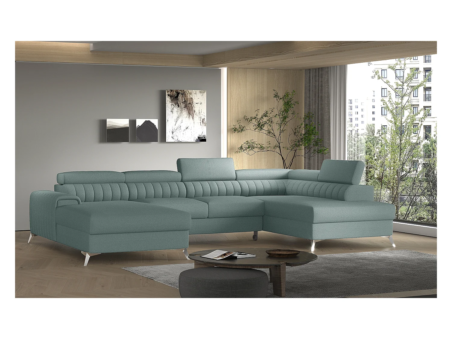 Canapé en U convertible KALANTE tissu - Coffre de rangement et appuie-têtes réglables-Bleu ardoise-Coffre à droite