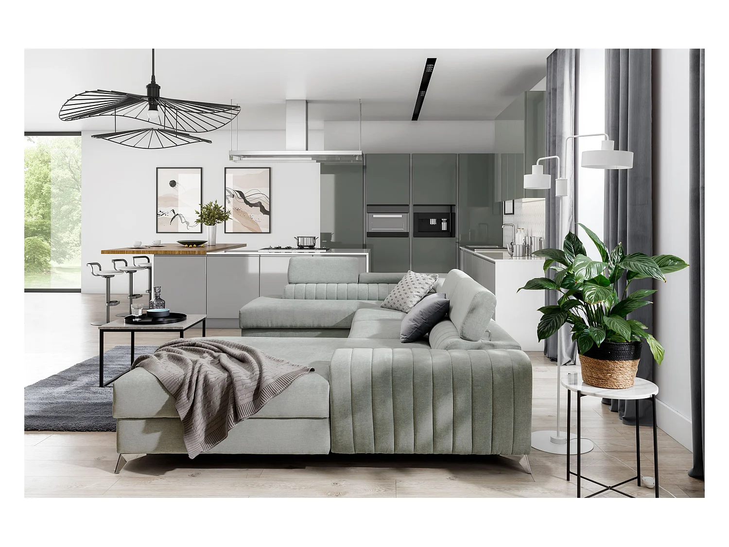 Canapé en U convertible KALANTE tissu - Coffre de rangement et appuie-têtes réglables-Bleu ardoise-Coffre à droite