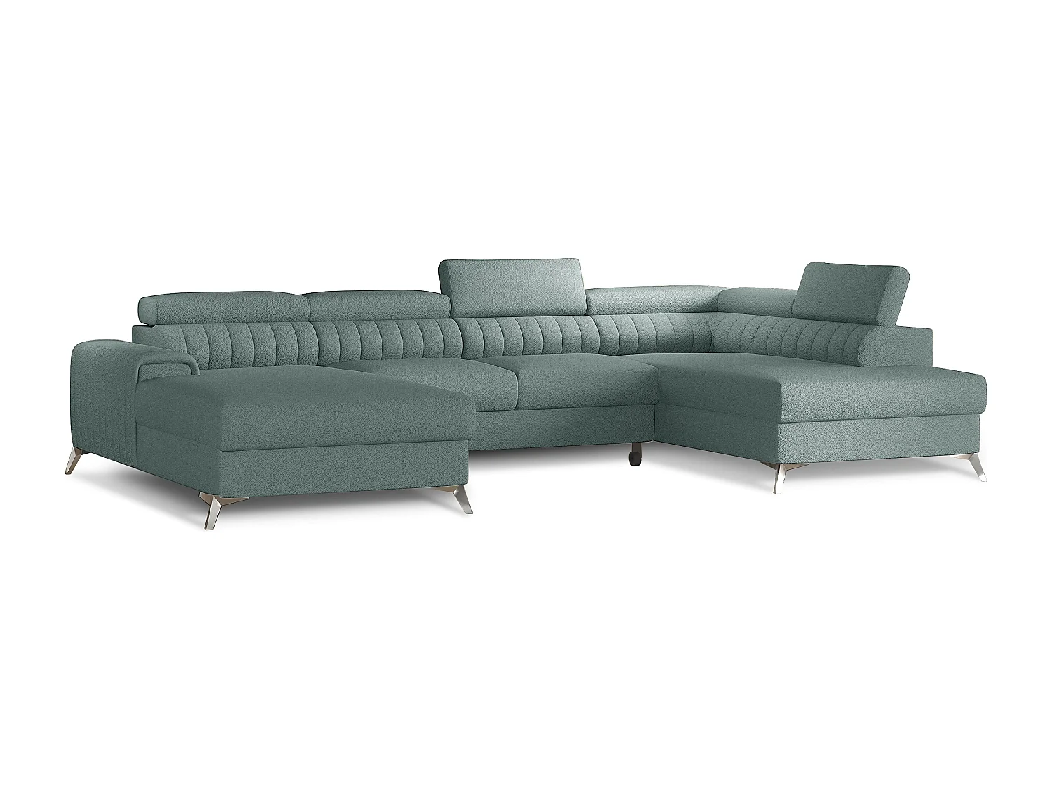 Canapé en U convertible KALANTE tissu - Coffre de rangement et appuie-têtes réglables-Bleu ardoise-Coffre à droite