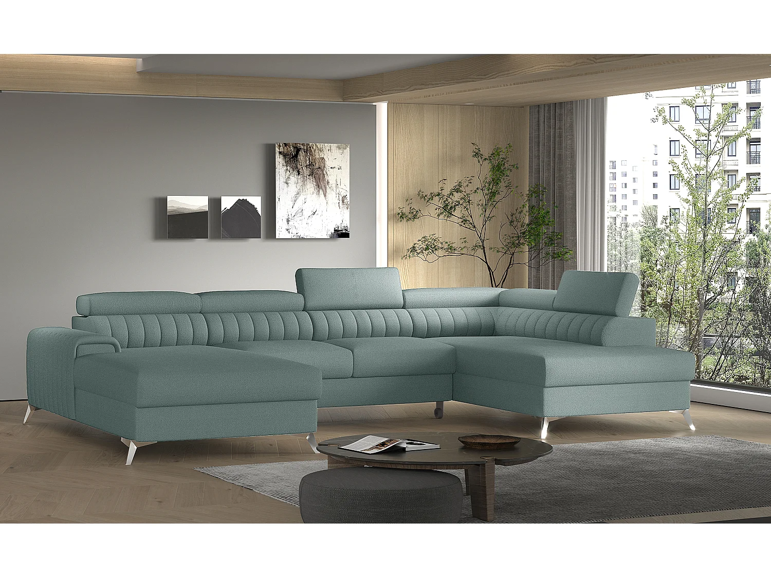 Canapé en U convertible KALANTE tissu - Coffre de rangement et appuie-têtes réglables-Bleu ardoise-Coffre à droite