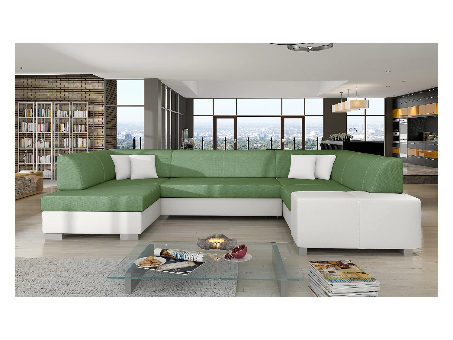 Canapé panoramique convertible HOUSTON en bi-matière avec coffre de rangement-Blanc/Vert clair-Coffre à gauche