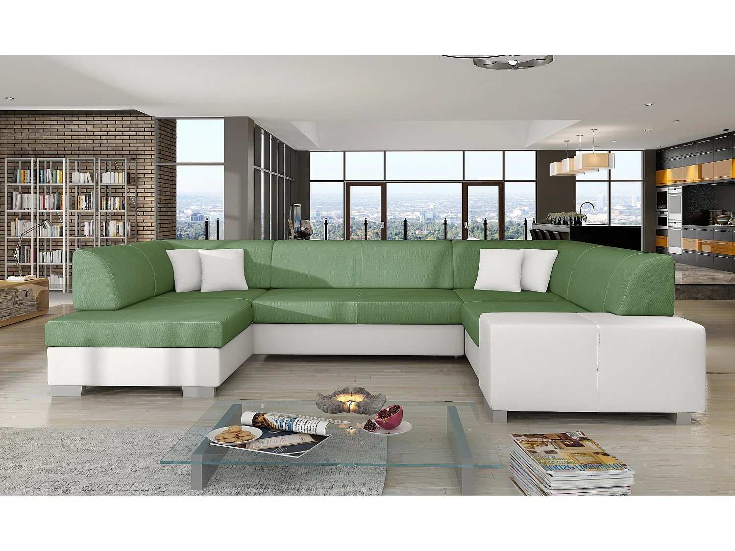 Canapé panoramique convertible HOUSTON en bi-matière avec coffre de rangement-Blanc/Vert clair-Coffre à gauche