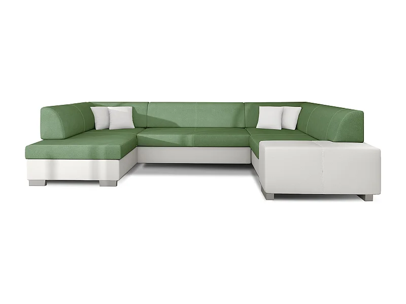 Canapé panoramique convertible HOUSTON en bi-matière avec coffre de rangement-Blanc/Vert clair-Coffre à gauche