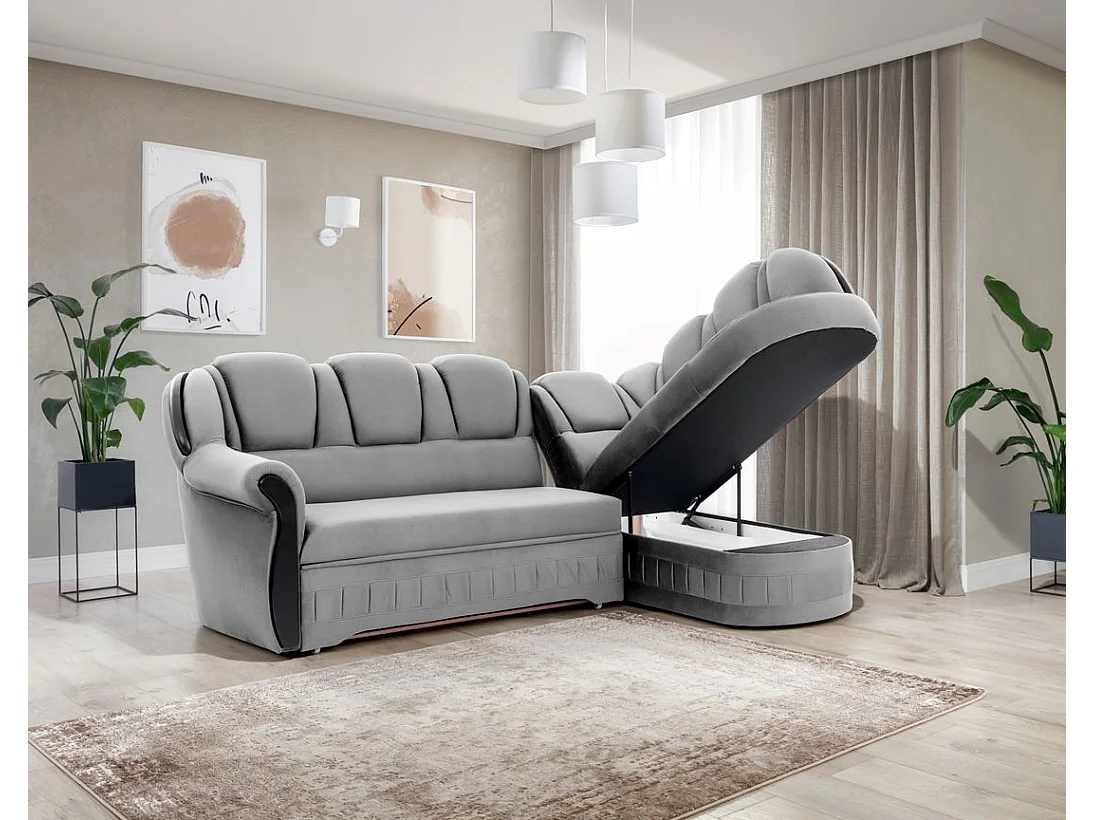 Canapé d'angle convertible avec rangement en velours Majesté-Gris clair-angle droit