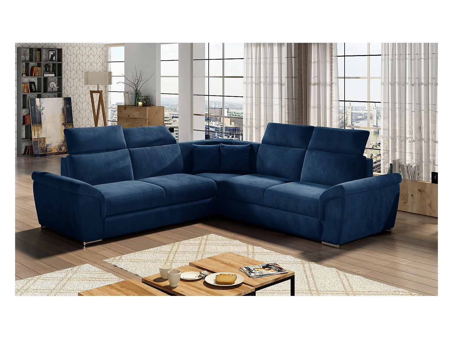 Sofá esquinero Neo reversible y convertible en terciopelo - Patas de acero cromado-Color Azul oscuro