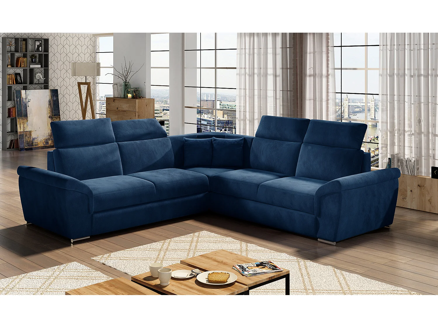 Sofá esquinero Neo reversible y convertible en terciopelo - Patas de acero cromado-Color Azul oscuro