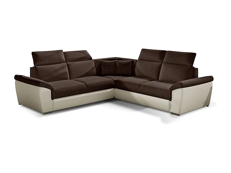 Sofá esquinero Neo reversible y convertible en dos materiales - Patas de acero cromado-Color Beige/Marrón