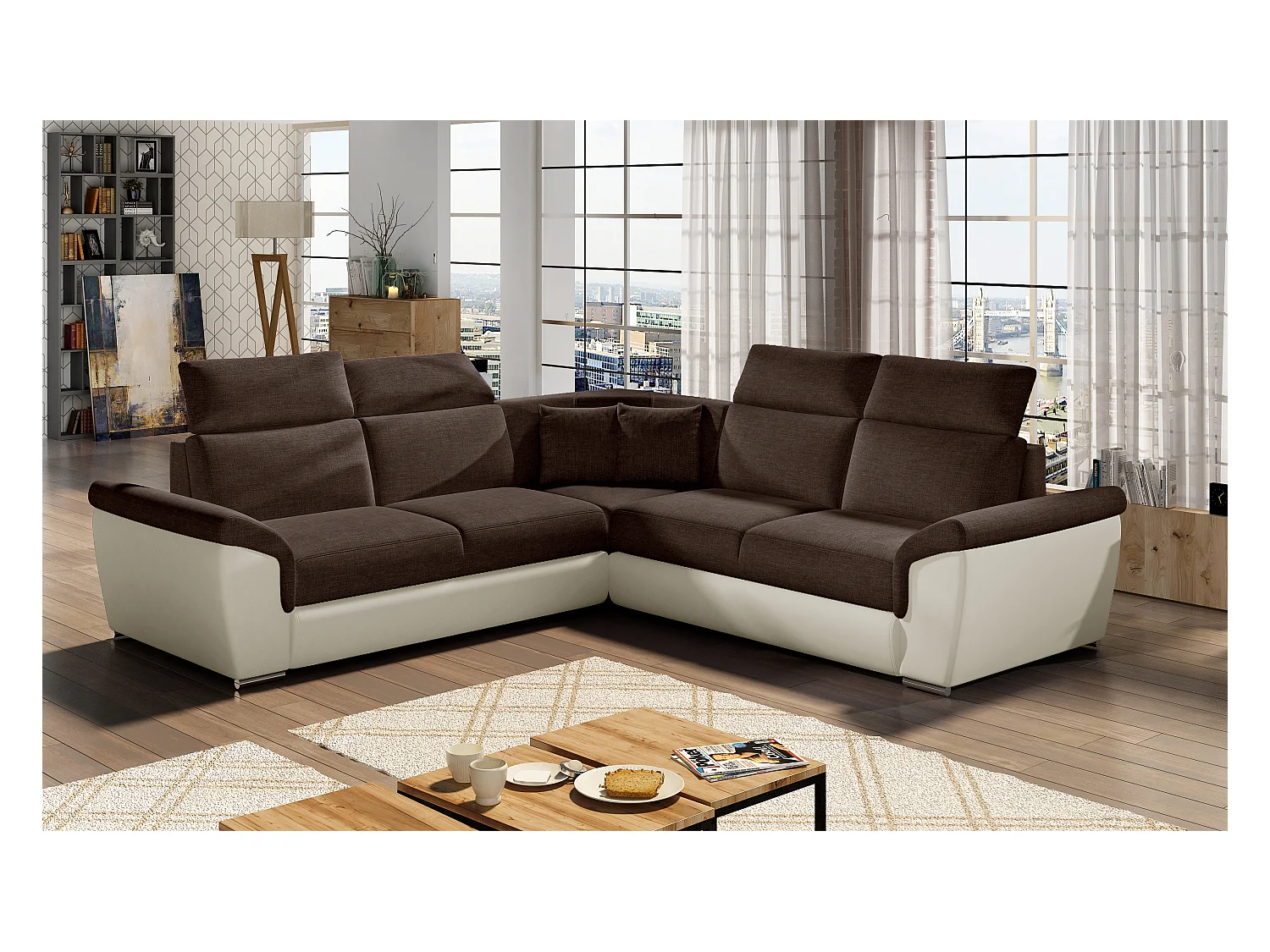 Canapé d'angle réversible et convertible bi-matières Neo - Pieds acier chromé-Beige/Marron