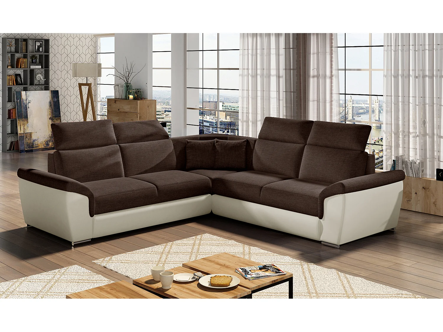 Canapé d&#039;angle réversible et convertible bi-matières Neo - Pieds acier chromé-Beige/Marron