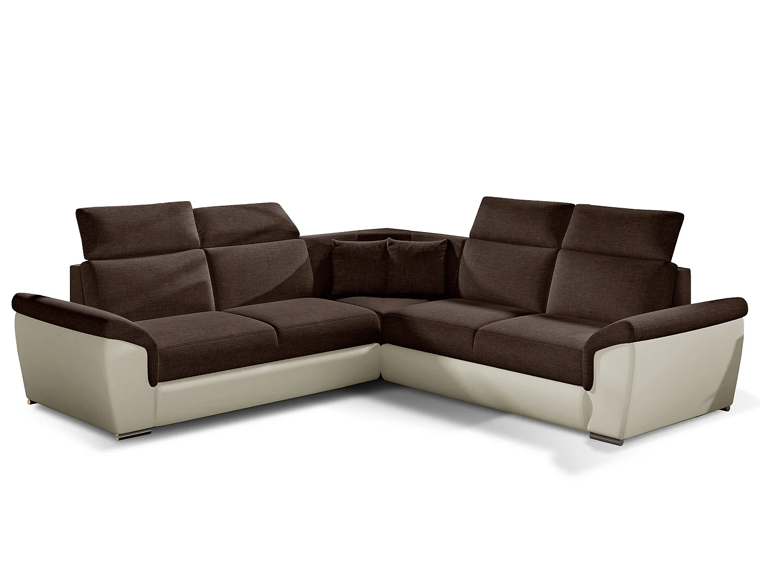 Sofá esquinero Neo reversible y convertible en dos materiales - Patas de acero cromado-Color Beige/Marrón