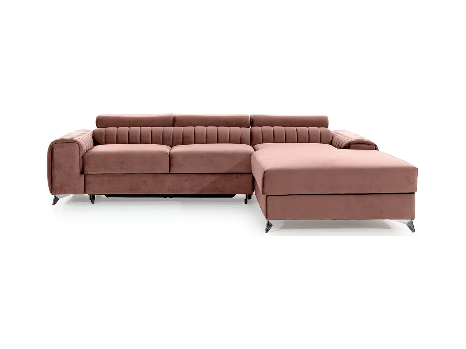 Canapé d'angle convertible velours têtière réglables GRENKY - Coffre, pieds acier chromé-Rose soft-angle droit