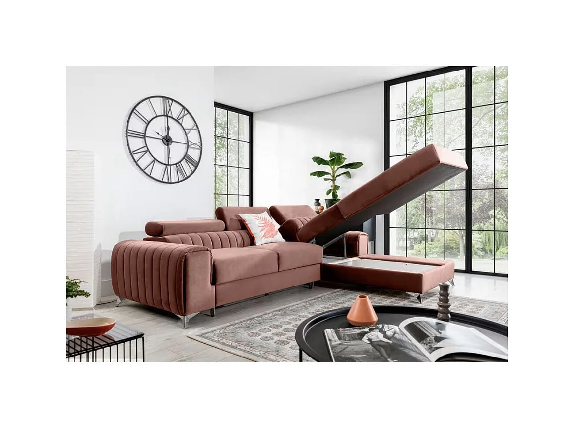 Canapé d'angle convertible velours têtière réglables GRENKY - Coffre, pieds acier chromé-Rose soft-angle droit