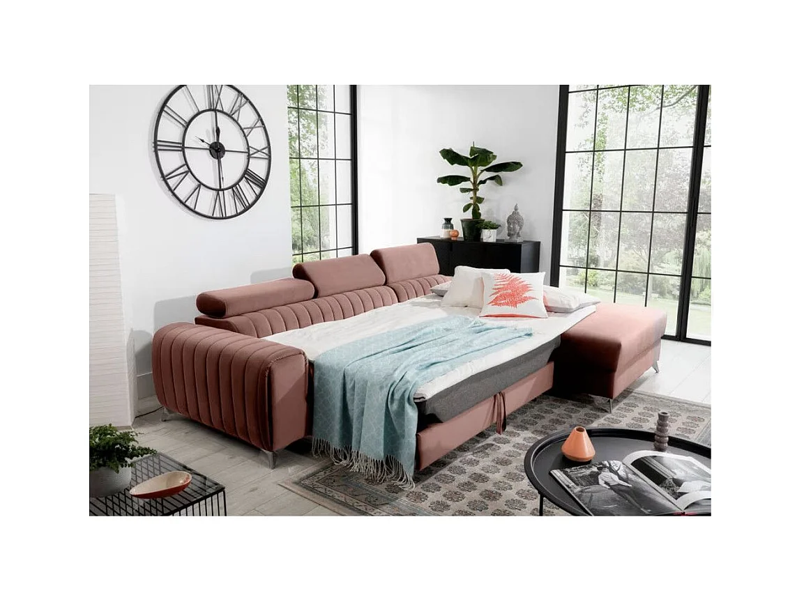 Canapé d'angle convertible velours têtière réglables GRENKY - Coffre, pieds acier chromé-Rose soft-angle droit