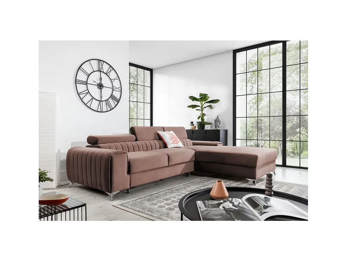 Canapé d'angle convertible velours têtière réglables GRENKY - Coffre, pieds acier chromé-Rose soft-angle droit