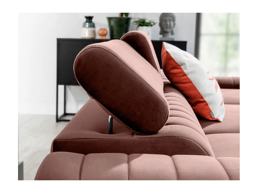 Canapé d'angle convertible velours têtière réglables GRENKY - Coffre, pieds acier chromé-Rose soft-angle droit