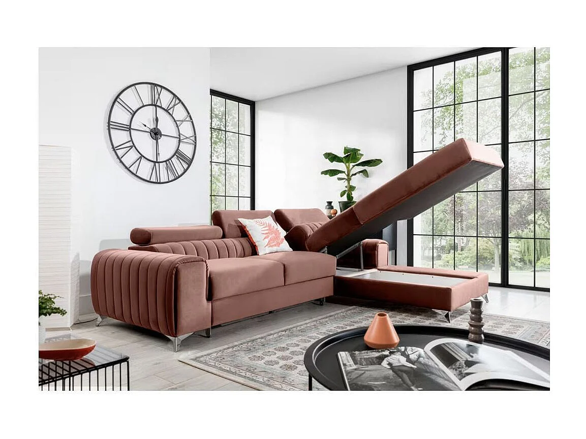 Canapé d'angle convertible velours têtière réglables GRENKY - Coffre, pieds acier chromé-Rose soft-angle droit