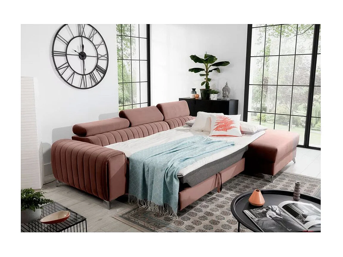 Canapé d'angle convertible velours têtière réglables GRENKY - Coffre, pieds acier chromé-Rose soft-angle droit