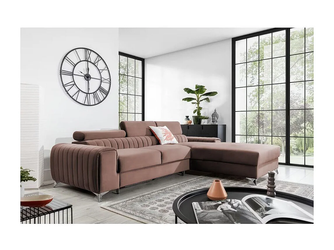 Canapé d'angle convertible velours têtière réglables GRENKY - Coffre, pieds acier chromé-Rose soft-angle droit