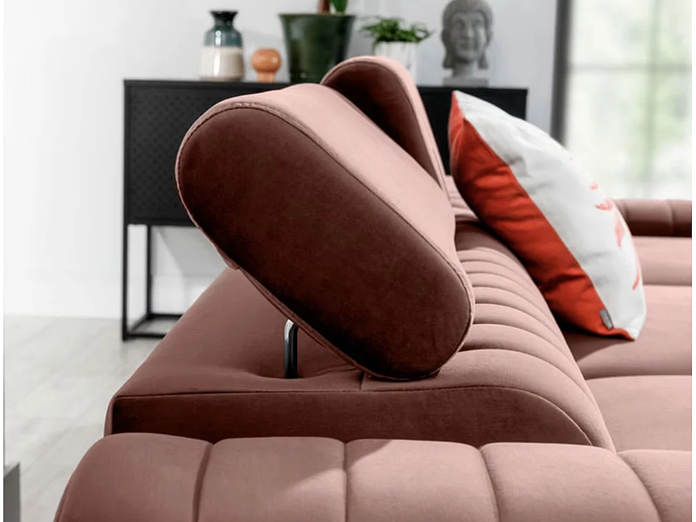 Canapé d'angle convertible velours têtière réglables GRENKY - Coffre, pieds acier chromé-Rose soft-angle droit