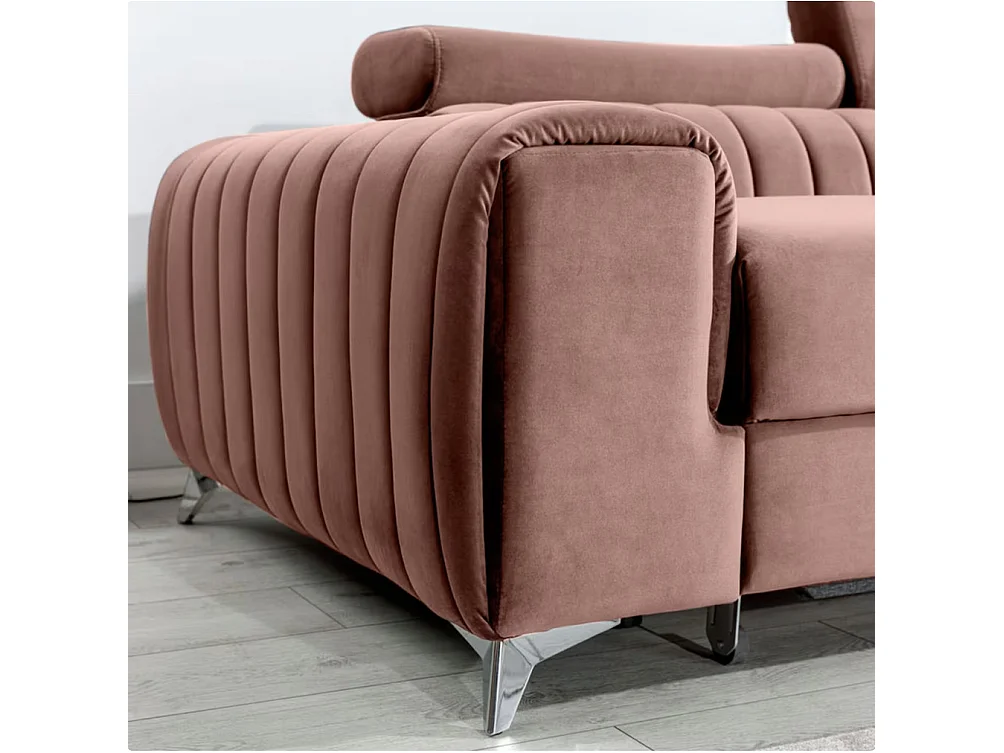Canapé d'angle convertible velours têtière réglables GRENKY - Coffre, pieds acier chromé-Rose soft-angle droit