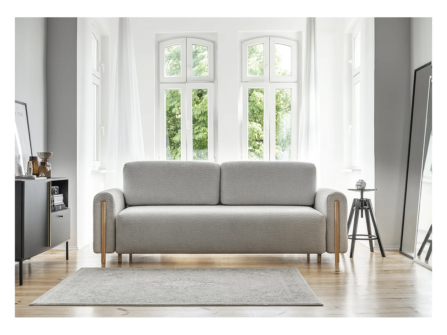 Canapé convertible en tissu bouclette DOVA - Pieds bois massif naturel-Gris clair