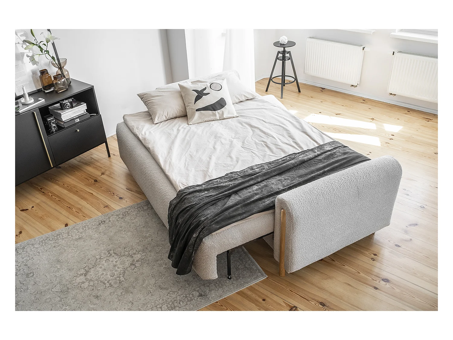 Canapé convertible en tissu bouclette DOVA - Pieds bois massif naturel-Gris clair